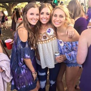 Purple, white, and blue tie-dye dress
